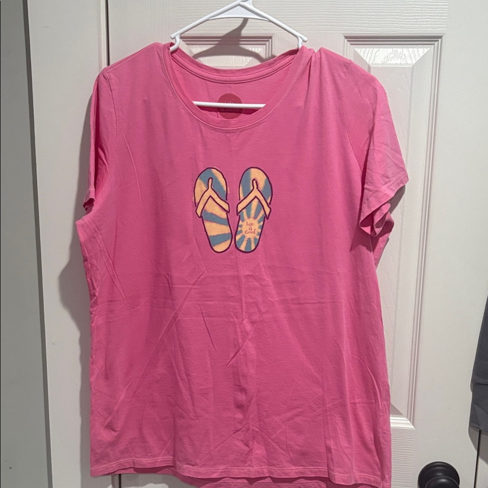 Women’s Pink Life Is Good T-Shirt with Flip Flop Graphic, Size L